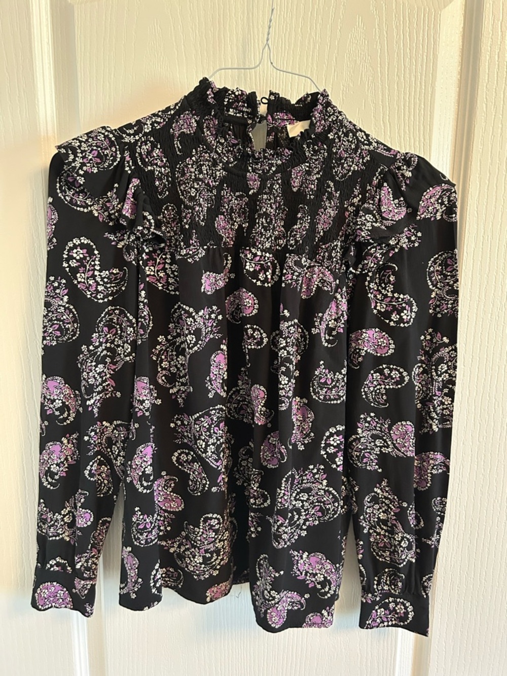 LOFT Black Paisley Smocked High-Neck Blouse with Purple Print